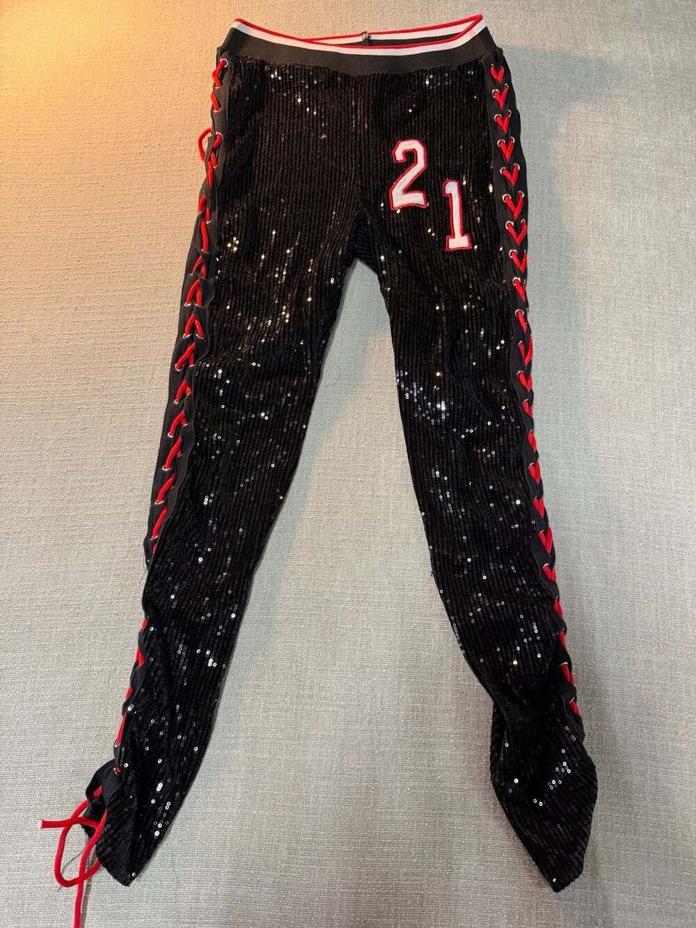 Shane Justin Black Sequin Lace Up Leggings With 21 Applique